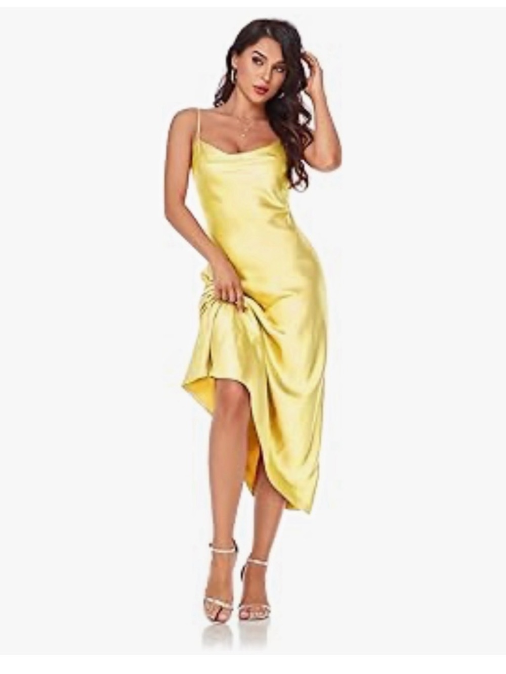 YELLOW SATIN COWL NECK MIDI SLIP DRESS L WEDDING GUEST 💛